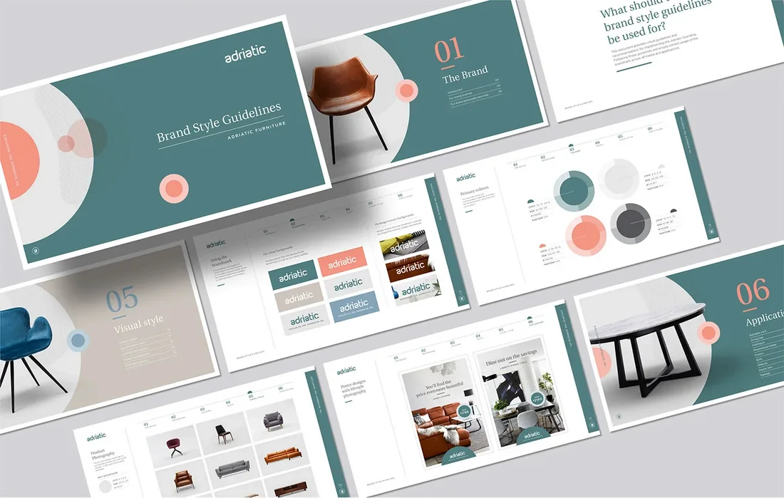 Overview of Adriatic Furniture brand style guidelines, typography and visual examples