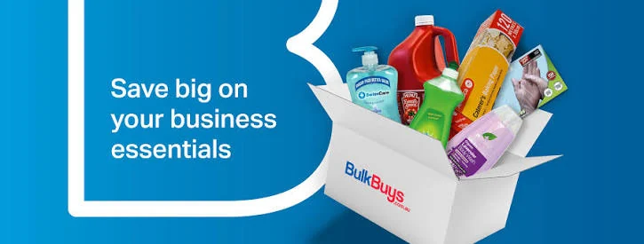 Bulk Buys promotion showing a box of bulk business supplies under the headline Save big on your business essentials