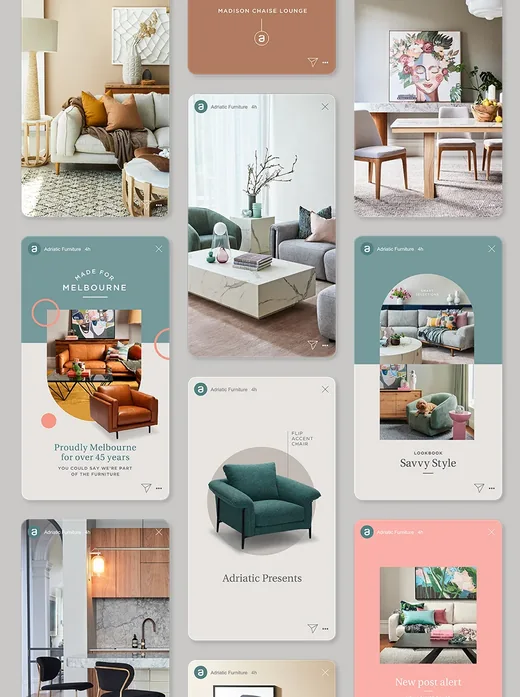 Collection of Adriatic Furniture social media posts showing furniture and interiors